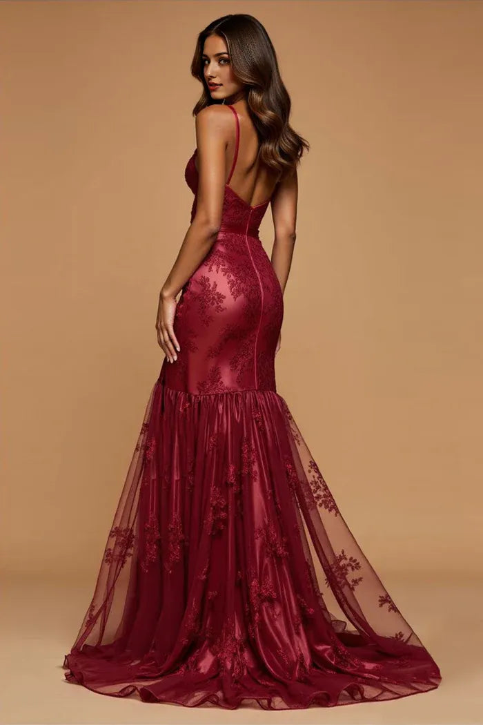 Weitese Dress Spaghetti Straps Dark Red Mermaid Deep V-Neck Lace Sleeveless Prom Dress With Backless